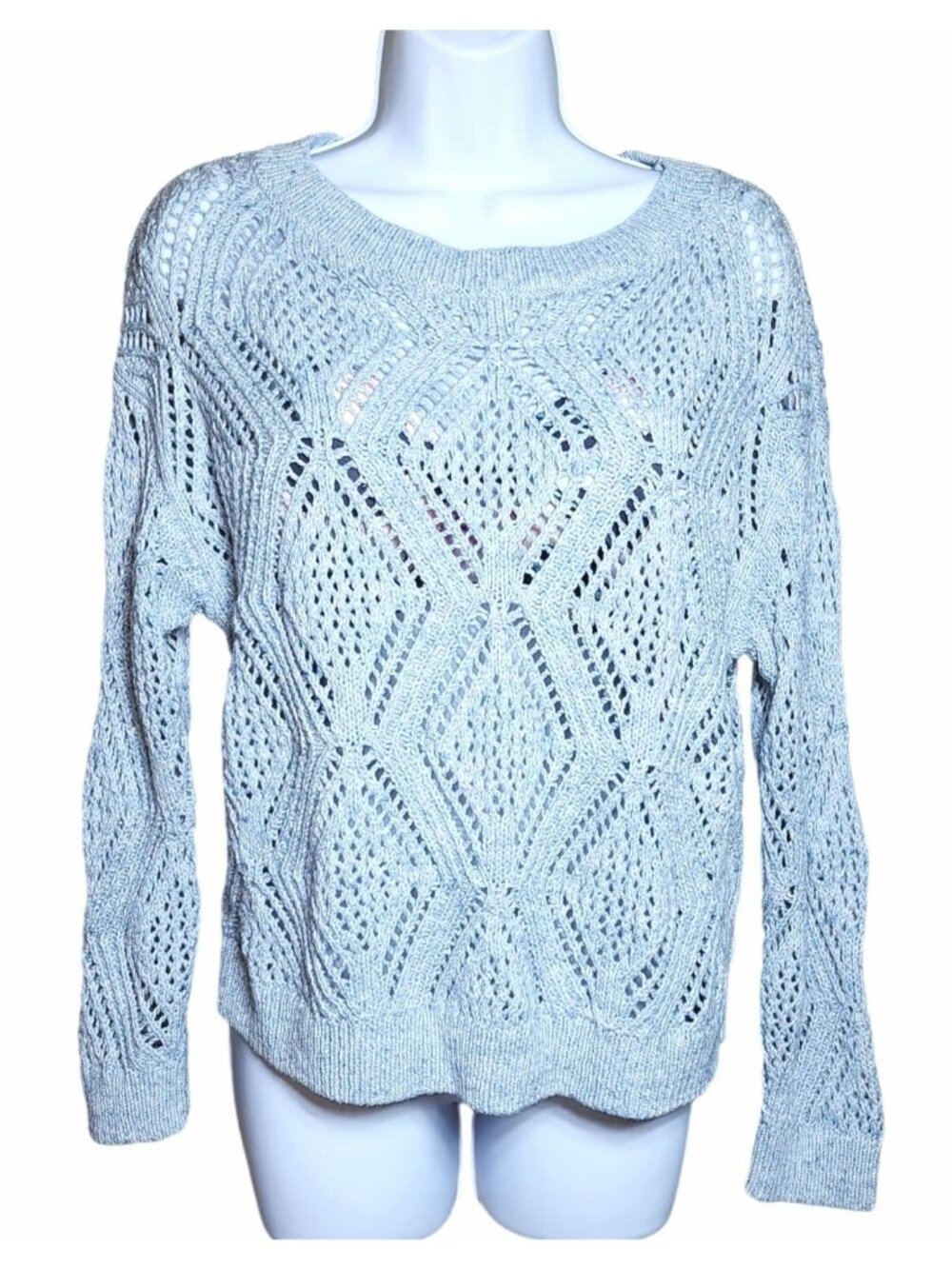 Women's Old Navy Blue Heathered Crochet Knit Sweater Small Cotton Blend Blouse